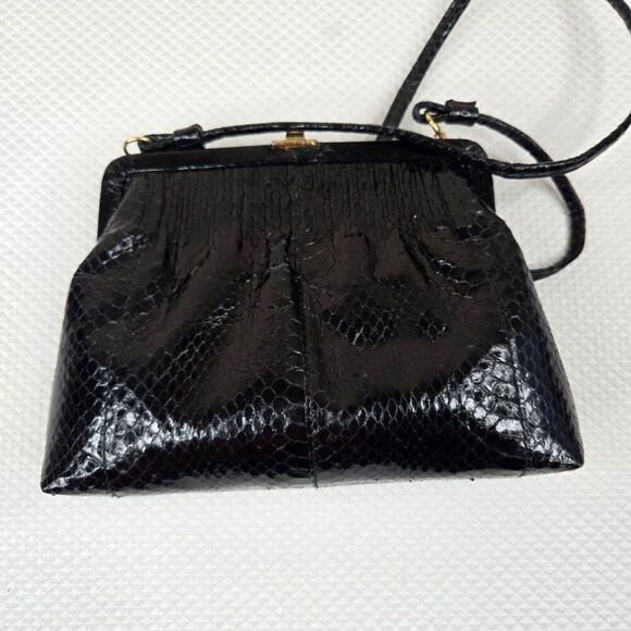 Vintage 60s Marlene Gaines Black Eel Leather Purse Gold Clasp Shoulder Strap - Picture 5 of 10